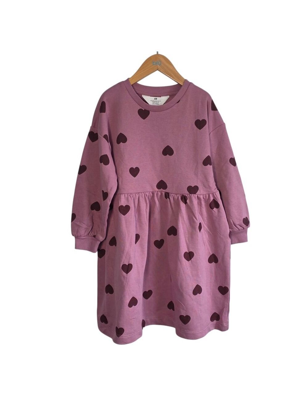 H&M Girls Heart Print Sweatshirt Dress Size 4-6 Pink Organic Cotton Blend NEW